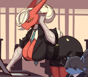 anthro bent_over biped black_clothing breasts butt clothed clothing computer detailed_background duo electronics eyewear female glasses glistening glistening_body hair inside laptop red_body thick_thighs topwear white_hair lyorenth-the-dragon nintendo pokemon blaziken generation_3_pokemon pokemon_(species) hi_res