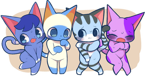 anthro blue_body blue_eyes blue_hair blush blush_lines bodily_fluids brown_body chibi covering covering_chest covering_crotch covering_self dipstick_tail embarrassed eyes_closed featureless_chest featureless_crotch female flat_chested frown gloves_(marking) group hair knock-kneed leg_markings lineup looking_aside male markings narrowed_eyes nervous oblivious on_one_leg open_frown open_mouth purple_body shy socks_(marking) standing striped_body striped_markings striped_tail stripes sweat sweatdrop tail tail_markings tears seologi animal_crossing nintendo bob_(animal_crossing) lolly_(animal_crossing) mitzi_(animal_crossing) rosie_(animal_crossing) domestic_cat felid feline felis mammal siamese_cat tabby_cat 2020 digital_media_(artwork)
