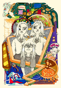 abstract_background accessory advertisement anthro arrow_sign bangs black_bottomwear black_clothing black_pants black_shirt black_topwear blush board bodily_fluids bottomwear choker clothed clothed_female clothed_male clothing co-worker dialogue directional_arrow ear_piercing ear_ring ears_down ears_up electronics eye_bags eye_contact eyelashes fangs female front_view frown fully_clothed gesture glistening glistening_hair graph greenery group hair hair_strands hand_gesture hand_in_pocket happy identical_twins insurance_company jewelry label long_hair looking_at_another looking_at_viewer looking_up looking_up_at_another male messy_hair multi_eye necklace necktie neet nervous nervous_sweat notebook notes older_sister oversized_clothing pants paper piercing pivoted_ears pockets pointing pointing_at_another post-it_note power_cord ring ring_piercing rules scary_eyes shirt short_hair sign smug speech_bubble spiral_background standing star suit sweat swirl_pattern talking_to_another tape teeth text thank_you_message topwear undershirt wide_eyed wire work_uniform younger_brother mots frey_(mots) lawrence_(kuhlzull) maeve_(kuhlzull) reed_(kuhlzull) american_opossum canid canine fox mammal marsupial true_fox 2026 absurd_res colored crossover detailed english_description english_text greyscale hatching_(art) hi_res line_art marker_(artwork) monochrome portrait shaded traditional_media_(artwork) brother_(lore) brother_and_sister_(lore) brothers_(lore) sibling_(lore) sister_(lore) triplets_(lore)