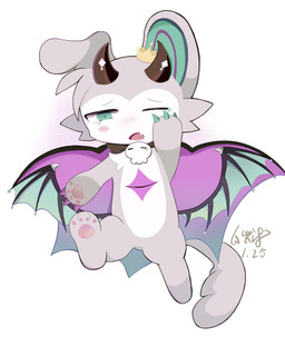 2_horns anthro blush blush_lines bodily_fluids claws crown cute_fangs fangs fur green_eyes headgear heterochromia horn male pawpads purple_body purple_eyes purple_fur simple_background solo tears teeth wings haomuuu devil_connection makemon devilun_(makemon) demon felid feline felis mammal mouse murid murine rodent hi_res