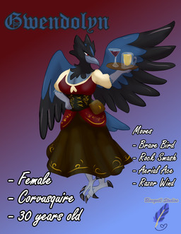 alcohol anthro beak beer beverage clothing container corset dress feathers feet female glass glass_container gwendolyn_altair hand_on_hip lingerie low_cut_dress plumage pouch_(clothing) puffy_sleeves red_eyes smile smirk solo spread_wings tail tail_feathers talons toes topwear tray wine wings bluequill_studios nintendo pokemon corvisquire generation_8_pokemon pokemon_(species) absurd_res hi_res