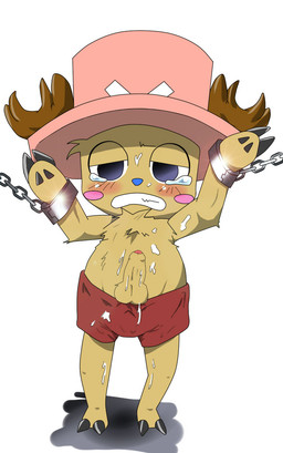 anthro antlers balls black_eyes blue_nose blush bodily_fluids bound brown_body brown_fur chain chained clothed clothing crying cuff_(restraint) cum cum_on_arm cum_on_belly cum_on_body cum_on_clothing cum_on_crotch cum_on_face cum_on_leg cum_on_pants cum_on_penis erection foreskin fur furgonomics genital_fluids genitals hat headgear headwear horn humanoid_genitalia humanoid_penis male partially_retracted_foreskin penis restraints shackled shackles shota simple_background solo submissive submissive_male tears white_background young young_anthro young_male dagasi one_piece tony_tony_chopper deer mammal new_world_deer reindeer 2010 digital_media_(artwork)