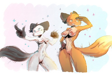 anthro black_ears blush breasts duo eyebrows female female/female fist floppy_ears fur genitals gesture hand_gesture hand_on_hip looking_away medium_breasts nude orange_body orange_fur pointing raised_arm small_breasts smile standing vulva white_body white_fur 4m4i fan_character arctic_fox canid canine fox mammal red_fox true_fox 3:2 hi_res sketch