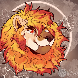anthro biped circle fire flaming_hair flaming_mane fur hair looking_at_viewer male mane pattern_background plant pseudo_hair pseudo_mane simple_background smile solo mattiyyah_lion felid hybrid lion mammal pantherine 1:1 absurd_res digital_media_(artwork) headshot_portrait hi_res icon portrait