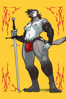 abstract_background anthro areola barbell_piercing barefoot biped breasts brown_hair bulge chest_tattoo clothing detailed_bulge feet genital_outline gynomorph gynomorph_anthro hair holding_melee_weapon holding_object holding_sword holding_weapon intersex intersex_anthro jockstrap melee_weapon muscular muscular_anthro muscular_gynomorph muscular_intersex nipple_barbell nipple_piercing nipples penis_outline piercing plantigrade red_clothing red_underwear shadow simple_background solo standing sword tattoo underwear weapon yellow_background zweihander dovne morgan_(dovne) avian bird hi_res