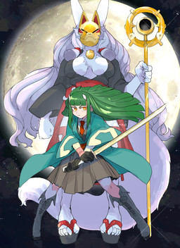 animal_mask anthro asian_clothing bell big_breasts boots breasts chest_tuft clothing duo east_asian_clothing female fluffy fluffy_tail footwear fox_mask fur geta green_hair hair holding_katana holding_melee_weapon holding_object holding_staff holding_sword holding_weapon inner_boob japanese_clothing katana kimono knee_boots knee_highs legwear long_ears long_hair mask melee_weapon moon orange_eyes shoes size_difference staff standing sword tail tuft weapon white_body white_fur white_hair nikumura_q giant_ojou-sama midori_(giant_ojou-sama) sumire_(giant_ojou-sama) human lagomorph leporid mammal rabbit servant_(giant_ojou-sama) absurd_res hi_res