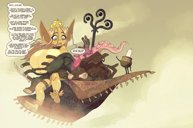 ambiguous_gender backpack barefoot big_breasts big_ears blonde_hair breasts chainmail cleavage clothed clothing cursed_object dialogue feet female feral flying freckled_breasts freckled_face freckled_shoulders freckles green_eyes group hair holding_knife holding_object huge_breasts humanoid_pointy_ears knife long_hair magic_carpet pointy_ears profanity size_difference speech_bubble tentacles text trio yellow_body yellow_skin rapscallion amphibian animate_inanimate frog goblin humanoid 2026 absurd_res english_text hi_res