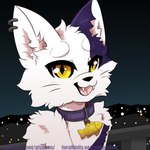 ambiguous_gender anthro charm_(jewelry) collar ear_piercing ear_ring fur jewelry necklace open_mouth pendant piercing purple_body purple_fur ring_piercing semi-anthro simple_background solo yellow_eyes nugget_kun kaiori_(character) domestic_cat felid feline felis mammal hi_res