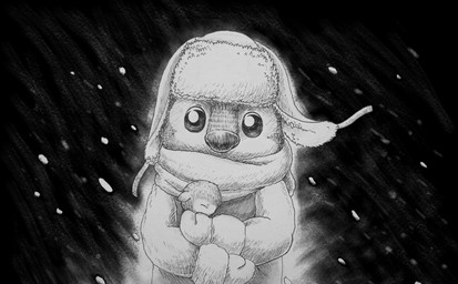 anthro clothing duo eyes_closed gloves handwear hat headgear headwear ink male scared scarf sleeping snow snowstorm storm wide_eyed wind fairycatcreation inktober cedrick felix_(fcc) bovid bovine haplorhine mammal primate tamaraw tarsier true_buffalo 2020 absurd_res hi_res monochrome