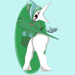 anthro breasts crossgender female hair nipples not_furry nude red_eyes simple_background solo wide_hips eddiebrije nintendo pokemon gallade generation_4_pokemon pokemon_(species) 1:1 absurd_res hi_res