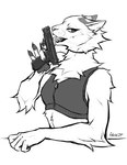 anthro clothed clothing female fur gun handgun licking_gun looking_at_viewer midriff open_mouth pawpads pistol ranged_weapon screentone simple_background solo teeth tongue tongue_out weapon white_background falvie glock felid mammal 2021 digital_media_(artwork) hi_res monochrome signature sketch