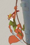 belt bottomless bottomless_male castle_wall climbing climbing_wall clothed clothing feathers featureless_crotch footwear green_clothing green_shirt green_topwear green_tunic hat headgear headwear male melee_weapon red_feather rope rope_climbing shirt simple_background sword textured_background topwear tunic weapon softailfox disney robin_hood_(disney) robin_hood canid canine fox mammal red_fox true_fox 2:3 hi_res