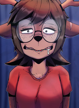 anthro bodily_fluids braces clothing drooling eyewear female freckled_face freckles glasses horn nerd photo polaroid saliva scar shirt shy smile t-shirt topwear uncomfortable uncomfortable_pose pinacatte becky_gilmore deer mammal new_world_deer hi_res