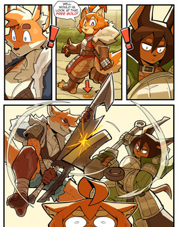 5_toes abs action_pose ahoge anthro arm_wraps armor axe barefoot battle belt belt_collar big_breasts bikini bikini_top blue_eyes bottomwear breastplate breasts brown_body brown_eyes brown_fur brown_hair brown_nails brown_pawpads chest_tuft claws cleavage clothed clothing coin colored_nails curling_toes day denim denim_bottomwear denim_clothing denim_shorts dialogue dipstick_ears ear_markings exclamation_point facial_tuft feet female fight fingerless_gloves footwear fully_clothed fur fur_coat gloves gold_(metal) gold_coin greaves grin group hair handwear holding_object holding_weapon hood humanoid_feet humanoid_hands inner_ear_fluff knight leg_wraps melee_weapon midair midriff multicolored_ears muscular muscular_female nails open_mouth orange_body orange_eyes orange_fur orange_hair outside pants pauldron pawpads paws plantigrade pose short_hair shorts size_difference smile soles speech_bubble surprised swimwear sword text toeless_footwear toes tuft two-piece_swimsuit walking warrior weapon wide_eyed wraps ceehaz dog_knight_rpg maci_(ceehaz) rory_(ceehaz) vela_(kagekitsoon) canid canine canis dobermann domestic_dog fox mammal pinscher pomeranian spitz 2022 absurd_res comic english_text hi_res