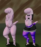 big_legs bottomwear clothed clothing criminal duo humiliate humiliation legwear lock_symbol male not_furry nude pantyhose pink_body raised_tail sex_slave sex_slave_toy short_tail shy simple_background skirt slave small_arms tail tattoo text wide_hips worldeaterart alien alien_humanoid humanoid monster digital_media_(artwork) hi_res