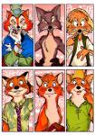 anthro blush bodily_fluids exclamation_point group heart_symbol male question_mark sweat sweatdrop text uochandayo chicken_little_(1943) disney pinocchio robin_hood_(disney) song_of_the_south the_fox_and_the_hound zootopia "honest"_john_foulfellow br'er_fox foxy_loxy_(1943) nick_wilde robin_hood tod_(tfath) canid canine fox mammal red_fox true_fox 2019 comic hi_res japanese_text translation_request