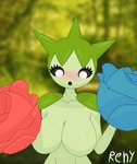 big_breasts black_eyes blush breasts covering covering_self elemental_creature elemental_humanoid embarrassed eyelashes featureless_breasts female flora_fauna flower generation_3_pokemon grass green_body green_hair hair hi_res huge_breasts humanoid looking_down nintendo pinup plant plant_humanoid pokemon pokemon_(species) pose renyartz rose_(flower) roselia solo spikes white_eyes