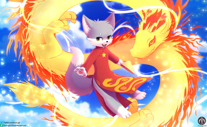 anthro asian_clothing clothed clothing duo feral floating fur grey_body grey_fur looking_at_viewer magic_aura male pawpads sky smile text senz mythology canid canine canis dragon eastern_dragon mammal mythological_creature mythological_scalie scalie wolf absurd_res hi_res url