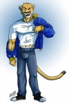 anthro biped bottomwear bulge clothing denim denim_bottomwear denim_clothing footwear jacket jeans jockstrap licking lips looking_at_viewer male muscular muscular_anthro muscular_male one_eye_closed pants shirt shoes solo tail teeth tongue tongue_out topwear underwear wink amonomega cougar felid feline mammal