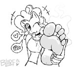 alternate_form anthro blep breasts choker dirty dirty_feet feet female foot_focus foot_grab heart_symbol jewelry musk necklace one_eye_closed smelly smelly_feet solo stink_fumes teasing teasing_viewer teasing_with_feet tongue tongue_out wink blarf022 friendship_is_magic hasbro my_little_pony pinkie_pie_(mlp) earth_pony equid equine horse mammal pony 2024 absurd_res black_and_white hi_res monochrome