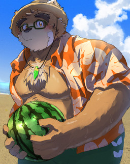 anthro beach blush bottomwear brown_body brown_fur clothed clothing eyewear food fruit fur glasses hat headgear headwear kemono male melon moobs open_clothing open_shirt open_topwear outside overweight overweight_male plant shirt shorts solo straw_hat topwear water watermelon suna_sand1 lifewonders tokyo_afterschool_summoners volos_(tas) bear mammal 2025 absurd_res hi_res