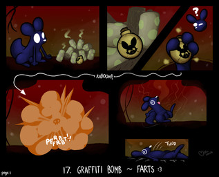 :3 animal_genitalia anthro balls biped bomb dazed explosive_fart explosives falling fart fart_cloud genitals holding_object lying on_back orange_fart_cloud question_mark sheath smelly solo sound_effects stink_fumes tongue tongue_out vowelless vowelless_sound_effect pincoosh rain_world videocult watcher_(rain_world) slugcat 2026 comic digital_media_(artwork) hi_res signature