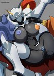 armor big_breasts black_body blue_eyes bodily_fluids breasts cape clothing female genital_fluids genitals headgear helmet horn lying nipples pussy solo spread_legs spreading thick_thighs vaginal_fluids wide_hips loquillo66 bandai_namco digimon digimon_(species) humanoid omnimon absurd_res hi_res