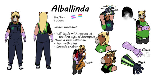 anthro arm_tattoo bangs blonde_hair brown_body brown_eyes carabiner clothing eyewear glasses green_clothing green_shirt green_topwear gynomorph hair intersex lgbt_pride long_hair musical_instrument overalls pansexual_pride_colors pride_colors prosthetic prosthetic_arm prosthetic_limb red_eyewear red_glasses saxophone shaved_arms shirt solo steel-toe_boots tattoo tenor_saxophone text topwear transgender_pride_colors wind_instrument woodwind_instrument zerokyu3 alballinda capybara caviid mammal rodent 2:1 absurd_res english_text hi_res model_sheet trans_(lore) trans_woman_(lore)