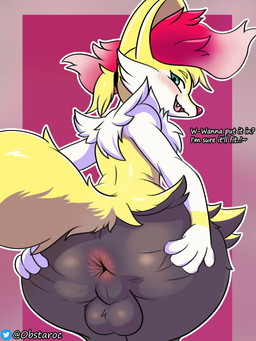 anthro anus big_butt black_body black_fur blush butt chest_tuft dialogue fluffy fluffy_tail fur green_eyes inner_ear_fluff looking_at_viewer looking_back looking_back_at_viewer male multicolored_body multicolored_fur neck_tuft presenting presenting_anus presenting_hindquarters shortstack shortstack_male solo spread_butt spreading tail text tuft yellow_body yellow_fur obstaroc nintendo pokemon grey_(dgbraixen) braixen canid generation_6_pokemon mammal pokemon_(species) english_text hi_res