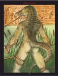 anthro backsack balls bdsm biped bondage bound butt egyptian fangs genitals green_body green_scales looking_at_viewer looking_back male muscular muscular_anthro muscular_male non-mammal_balls rear_view scales smile solo spread_legs spreading standing submissive submissive_male tail teeth seskata reed sobek crocodile crocodilian reptile scalie