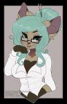 accessory anthro breasts cleavage clothed clothing dress_shirt eyebrows eyelashes eyewear female glasses green_eyes hair hair_accessory hair_sticks looking_at_viewer shirt smile solo teal_hair topwear white_clothing white_shirt white_topwear petitecat canid canine mammal alpha_channel