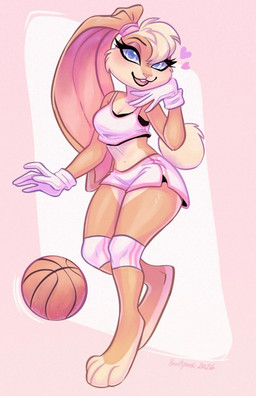 4_toes 5_fingers alternate_costume anthro ball basketball_(ball) basketball_shorts bent_legs big_ears biped blue_eyes bottomwear bra buckteeth clothed clothed_anthro clothed_female clothing cotton_tail countershade_face countershade_torso countershading eyebrows eyelashes feet female female_anthro fingers floppy_ears fully_clothed fully_clothed_anthro fully_clothed_female gloves handwear head_tuft heart_symbol hearts_around_head iris knee_pads long_ears long_eyelashes looking_at_viewer lop_ears open_mouth open_smile philtrum pupils redesign shorts simple_background smile solo spandex spandex_shorts sports_bra teeth text tight_bottomwear tight_clothing tight_shorts toes tuft underwear wearing_gloves white_clothing white_gloves white_handwear heartspark looney_tunes warner_brothers lola_bunny lagomorph leporid mammal rabbit 2026 artist_name dated full-length_portrait hi_res portrait