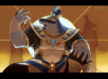 anthro bandage belly black_bars blue_eyes clothing egyptian egyptian_architecture egyptian_clothing egyptian_headdress grey_body grey_scales looking_at_viewer looking_down male mask nails navel raised_arm rim_light scales sitting slightly_chubby slightly_chubby_anthro snout solo naga_rajaf egyptian_mythology genshin_impact middle_eastern_mythology mihoyo mythology sobek_(genshin_impact) crocodile crocodilian reptile scalie 2026 absurd_res colored digital_media_(artwork) hi_res letterbox shaded signature