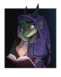 black_background blush blush_lines book clothed clothing female fingers hand_on_face hood magic_user reading reading_book robe simple_background solo btwew azaria_ventos kobold scalie 2025 4:5 absurd_res digital_media_(artwork) hi_res