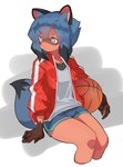 anthro ball basketball_(ball) black_hair black_nose blue_body blue_eyes blue_hair brown_body brown_fur clothed clothing female fingers fluffy fluffy_tail fur hair multicolored_body multicolored_fur multicolored_hair solo tail topwear track_jacket imaspacebar brand_new_animal studio_trigger michiru_kagemori canid canine mammal raccoon_dog tanuki portrait three-quarter_portrait