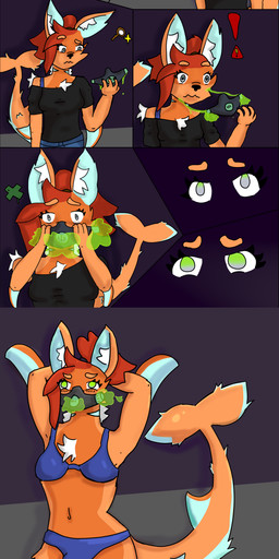 ambiguous_gender anthro blue_beans bodily_fluids breasts bulge clothing female fur genital_fluids genitals gynomorph hypno_visor intersex mind_control orange_body orange_fur panties penis precum shark_tail slime solo tail underwear blizzardkitten aquatic canid canine fish fox hybrid mammal shark absurd_res comic hi_res