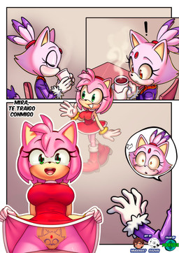 accessory anthro big_breasts black_nose blush blush_lines bracelet breasts clothed clothing dress duo eyelashes female flashing flashing_pussy fur genitals gloves green_eyes hair hair_accessory hairband handwear head_tuft jewelry no_underwear open_mouth open_smile orange_eyes pink_body pink_fur pink_hair purple_body purple_clothing purple_fur purple_topwear raised_clothing raised_dress red_clothing red_dress short_hair smile tan_body tan_fur text thick_thighs topwear tuft vulva white_clothing white_gloves white_handwear wide_hips joruze mugen887 razhai pussy-cat_(meme) sega sonic_the_hedgehog_(series) amy_rose blaze_the_cat domestic_cat eulipotyphlan felid feline felis hedgehog mammal comic hi_res translated