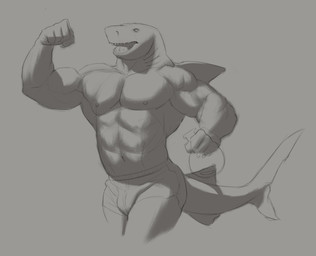abs anthro bulge clothed clothing dorsal_fin empty_eyes fin flexing flexing_bicep holding_vial male male_anthro navel nipples open_mouth pecs sharp_teeth solo standing teeth topless aduran aquatic fish shark absurd_res hi_res monochrome portrait sketch three-quarter_portrait