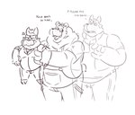 angry anthro carrying_another clothing facial_hair group humanoid_hands male mature_male mustache overalls overweight overweight_male size_difference leothelionel the_human_heart_(game) cade_maplebottom charles_dahl rorik_dahl canid canine canis domestic_dog mammal 2021 sketch