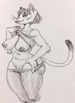 4_fingers anthro areola bottomwear bottomwear_down breasts clothing female fingers fur genitals hair looking_at_viewer navel nipples pussy simple_background smile solo tail topwear topwear_lift whiskers white_background glacierclear cougar felid feline mammal hi_res monochrome traditional_media_(artwork)