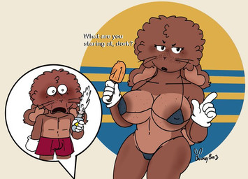 anthro areola areola_outline big_breasts bikini blush breasts brown_body brown_fur bulge clothing duo female food freckles fur male male/female navel nipple_outline swimming_trunks swimwear two-piece_swimsuit bawnzybun alexandria(bawnzybun) kaiser(bawnzybun) lagomorph leporid mammal rabbit