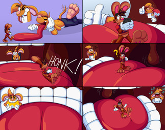 3_toes 4_fingers anthro big_feet big_grin big_tongue bottomwear cartoon_gloves claws clothing collar duo extreme_size_difference eyebrows feet fingers inside_mouth long_tongue macro male male/male mawplay micro open_mouth pants pawpads paws red_tongue size_difference soft_vore soles tail toe_claws toes tongue tongue_out toony toony_expression toony_moment uvula uvula_play vore wide_tongue doggydog doggydog_(character) roderick_(tamerkoh) toon_doggydog_(doggydog) canid canine canis domestic_dog lagomorph leporid mammal rabbit absurd_res comic hi_res