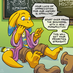 3_toes 4_fingers after_transformation age_regression anthro barefoot biped blue_eyes bottomwear chalk chalkboard clothing feet finger_in_mouth fingers information_board inside offscreen_character on_ground pants scales school sitting solo speech_bubble tail tan_bottomwear tan_clothing tan_pants text toes yellow_body yellow_scales yellow_tail conditional_dnp grumpyvulpix final_fantasy square_enix bangaa lizard reptile scalie 1:1 aliasing digital_media_(artwork) english_text hi_res signature