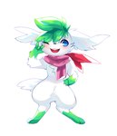 3_toes 4_fingers aishasoup ambiguous_gender anthro black_nose blush chest_tuft feet fingers flower fur generation_4_pokemon gesture green_body green_fur green_hair greeting hair hand_gesture hi_res legendary_pokemon nintendo open_mouth plant pokemon pokemon_(species) scarf shaymin sky_forme_shaymin solo teeth toes tongue tuft v_sign white_body white_fur