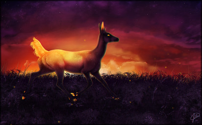 cloud cosmic_fur detailed_background female feral fur grass hooves night orange_body orange_eyes orange_fur outside plant purple_body purple_fur running side_view sky solo star starry_sky sunset yellow_body yellow_fur alcinda twilight_(alcinda) deer mammal