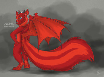 alternate_species anthro black_nose blue_eyes butt dialogue digitigrade fluffy fluffy_tail fur horn male membrane_(anatomy) membranous_wings nude_male rear_view red_body red_fur red_tail solo tail text wings flinters mythology squic_(character) dragon hybrid mammal mephitid mythological_creature mythological_scalie scalie skunk 2025 english_text hi_res