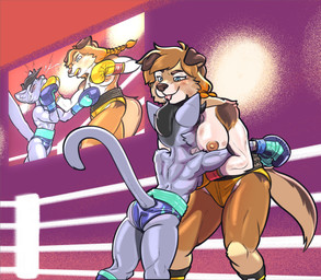 anthro areola black_hair blep blue_eyes boots boxing breast_smother breasts briefs brown_body brown_fur brown_hair bruised butt clothed clothing duo female fighting_ring footwear fur grey_body grey_fur hair mouthguard nipples punch screen shoes smothering sport sports_panties tongue tongue_out topless underwear uppercut dcheese kimmie_conover canid canine canis collie domestic_cat domestic_dog felid feline felis herding_dog mammal pastoral_dog rough_collie sheepdog 2022 absurd_res digital_media_(artwork) hi_res