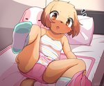 anthro bed blush bow_camisole bow_panties bow_underwear brown_body brown_eyes brown_fur camel_toe camisole childish_panties clothing colored_edge_camisole colored_edge_underwear embarrassed female footwear front-print_panties fur furniture inside loli looking_at_viewer lying on_back on_bed panties pattern_camisole pattern_clothing pattern_underwear pillow pink_clothing pink_panties pink_underwear print_clothing print_panties print_underwear shirt socks solo spaghetti_strap spread_legs spreading topwear underwear young young_anthro young_female mei_(artist) canid canine canis domestic_dog mammal hi_res