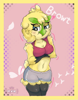 anthro beak big_breasts bottomwear breasts clothing crossed_arms eyebrows female fluffy fluffy_tail green_body grumpy shorts solo tail mvikt nintendo pokemon pokemon_winds_and_waves avian bird browt generation_10_pokemon pokemon_(species) 2026 hi_res