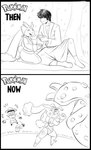 anthro before_and_after bottomwear bucket clothing container eyelashes eyes_closed female fight furgonomic_bottomwear furgonomics group happy kneeling male one_eye_closed pokeball scar seiza sitting smile tail trainer trio unknown_artist nintendo pokemon pokemon_legends_arceus human hybrid mammal monochrome source_request